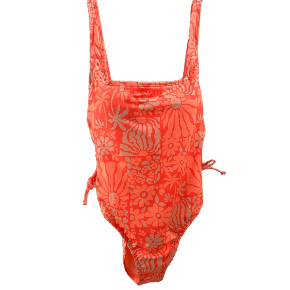 Hurley Womens Tropical Orange / Yellow Print Side-Tie Cutout One-Piece Swimsuit